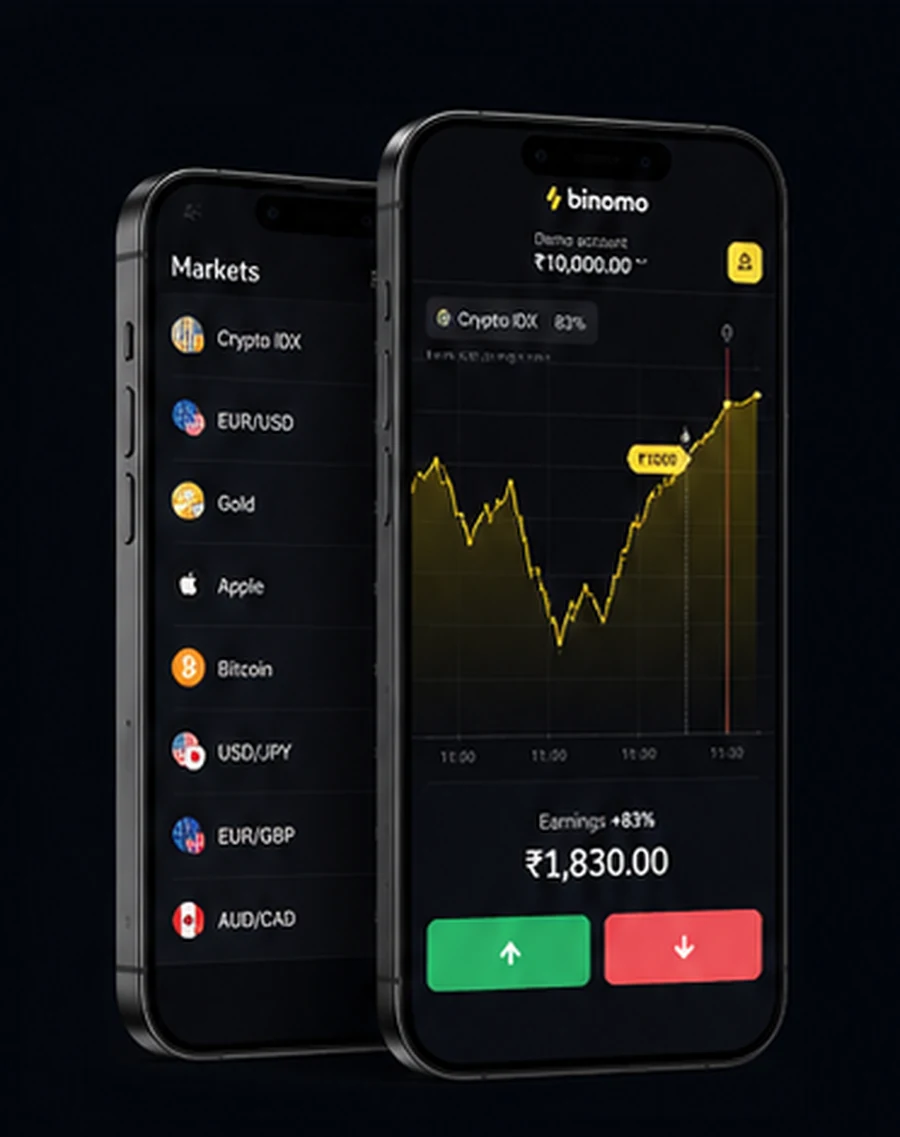 Mobile demo trading interface with asset list and line chart